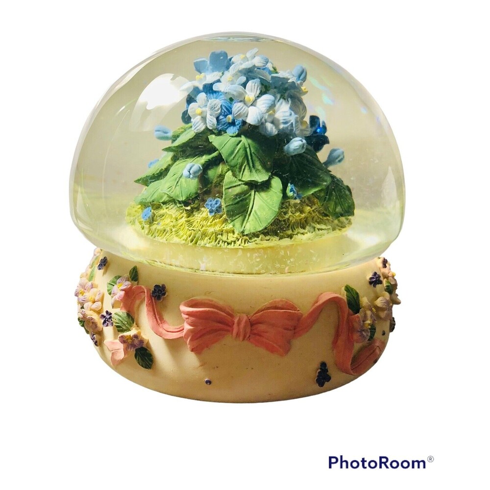 Vintage San Francisco Music Box Company Blue violet Flower Globe w/Pink Ribbon